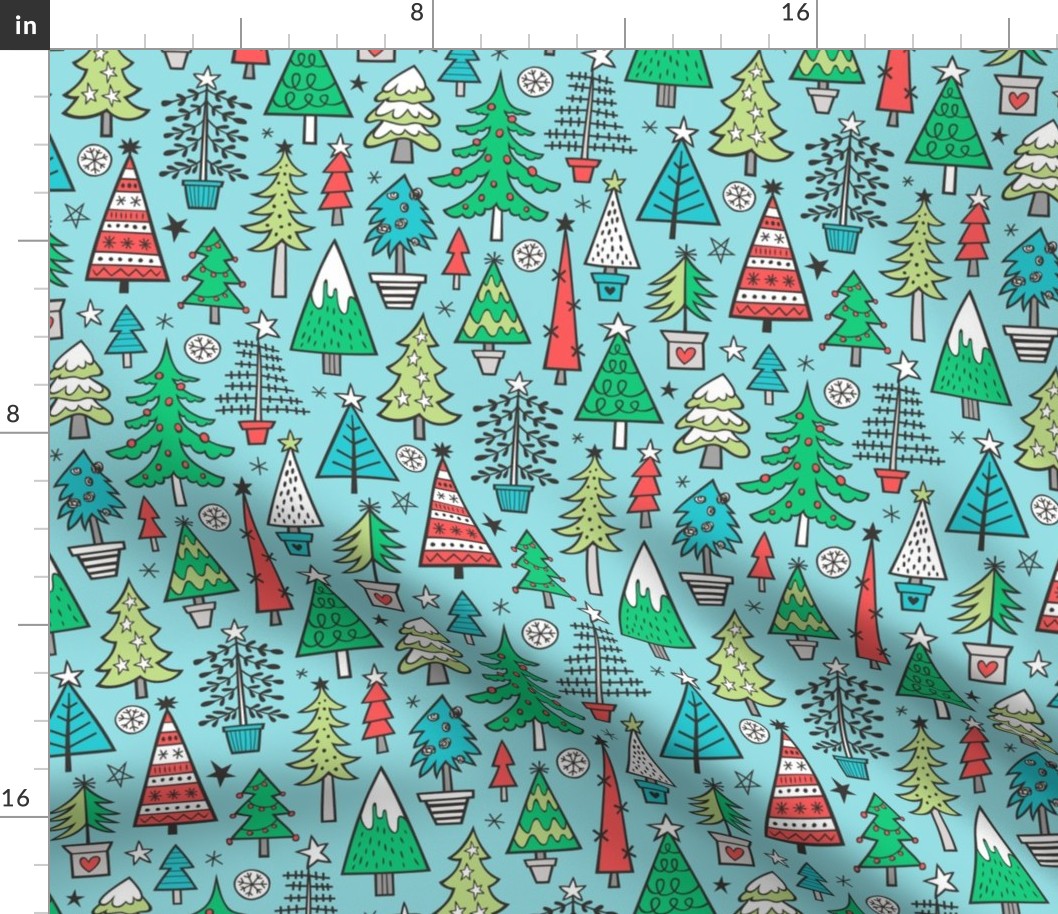 Christmas Trees Doodle Forest Woodland Red on Blue