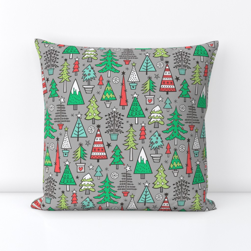 Christmas Trees Doodle Forest Woodland Red on Grey