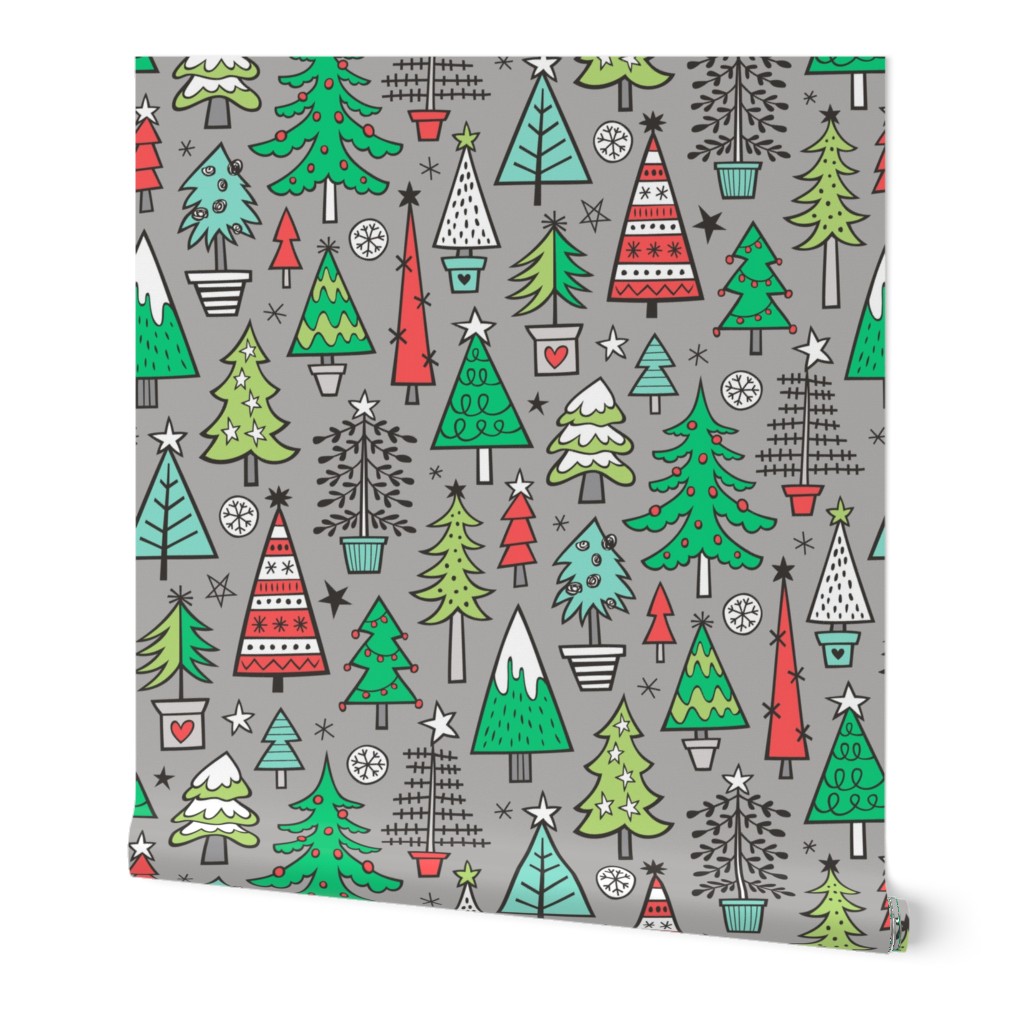Christmas Trees Doodle Forest Woodland Red on Grey