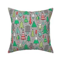 Christmas Trees Doodle Forest Woodland Red on Grey