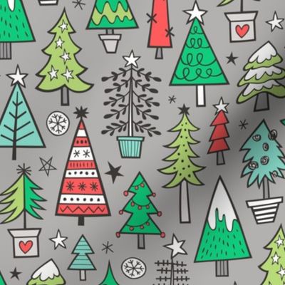 Christmas Trees Doodle Forest Woodland Red on Grey