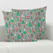 Christmas Trees Doodle Forest Woodland Red on Grey
