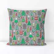 Christmas Trees Doodle Forest Woodland Red on Grey