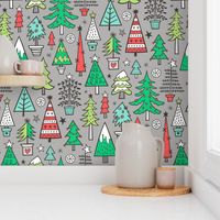 Christmas Trees Doodle Forest Woodland Red on Grey