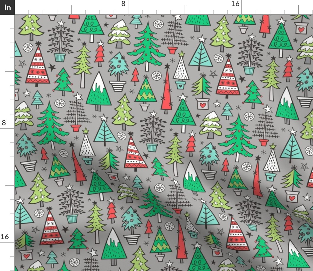 Christmas Trees Doodle Forest Woodland Red on Grey