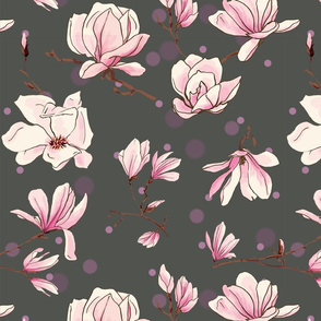 magnolias on grey with dots