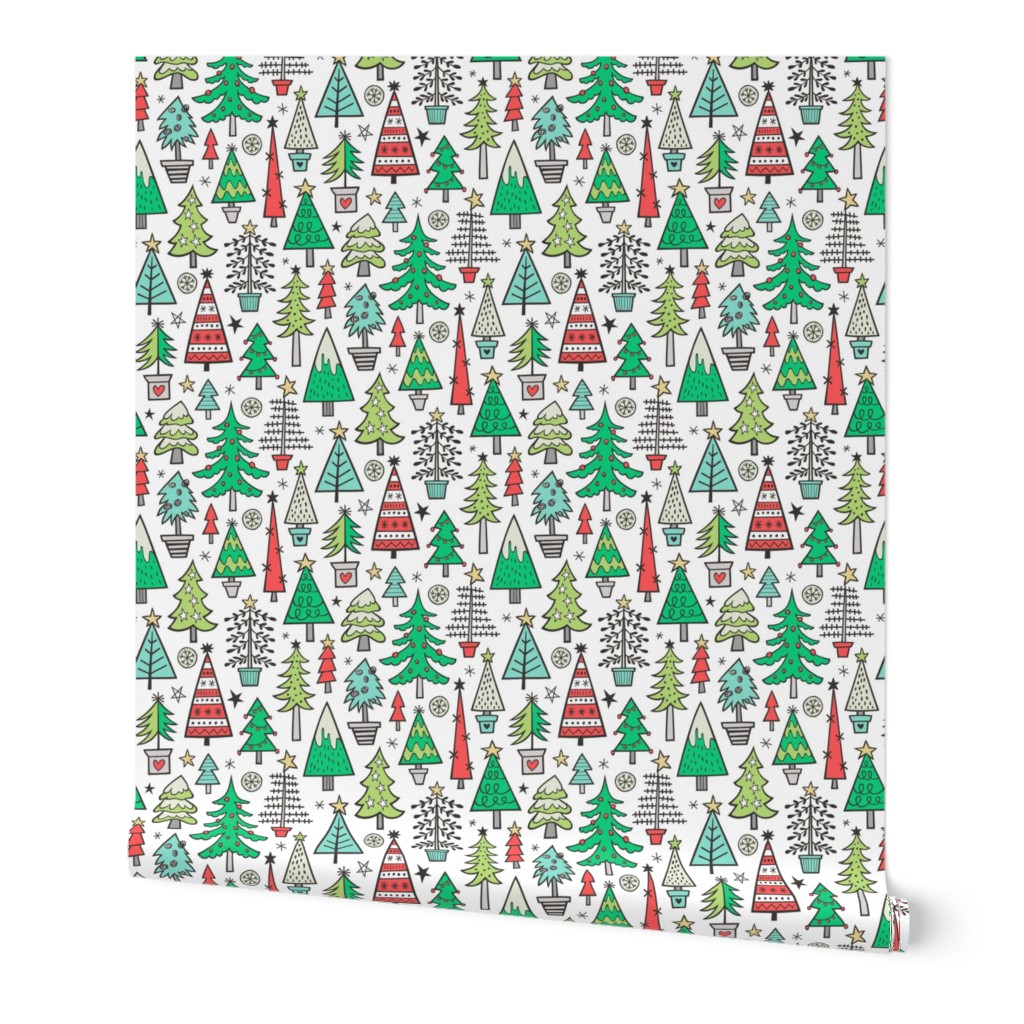 Christmas Trees Doodle Forest Woodland Red on White