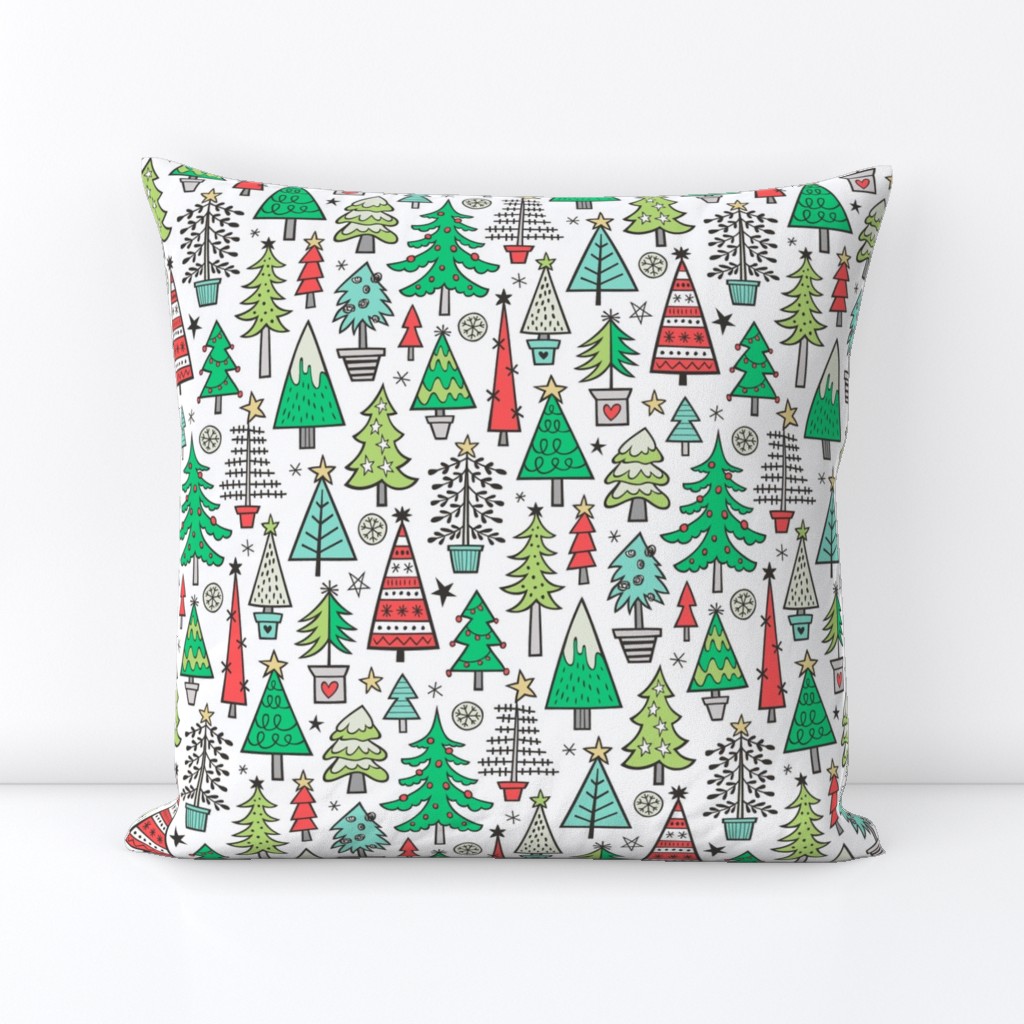 Christmas Trees Doodle Forest Woodland Red on White