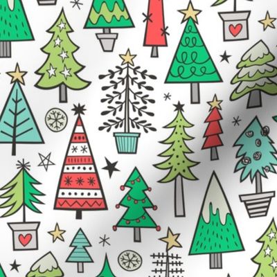 Christmas Trees Doodle Forest Woodland Red on White