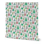 Christmas Trees Doodle Forest Woodland Red on White