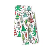 Christmas Trees Doodle Forest Woodland Red on White