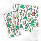 Christmas Trees Doodle Forest Woodland Red on White