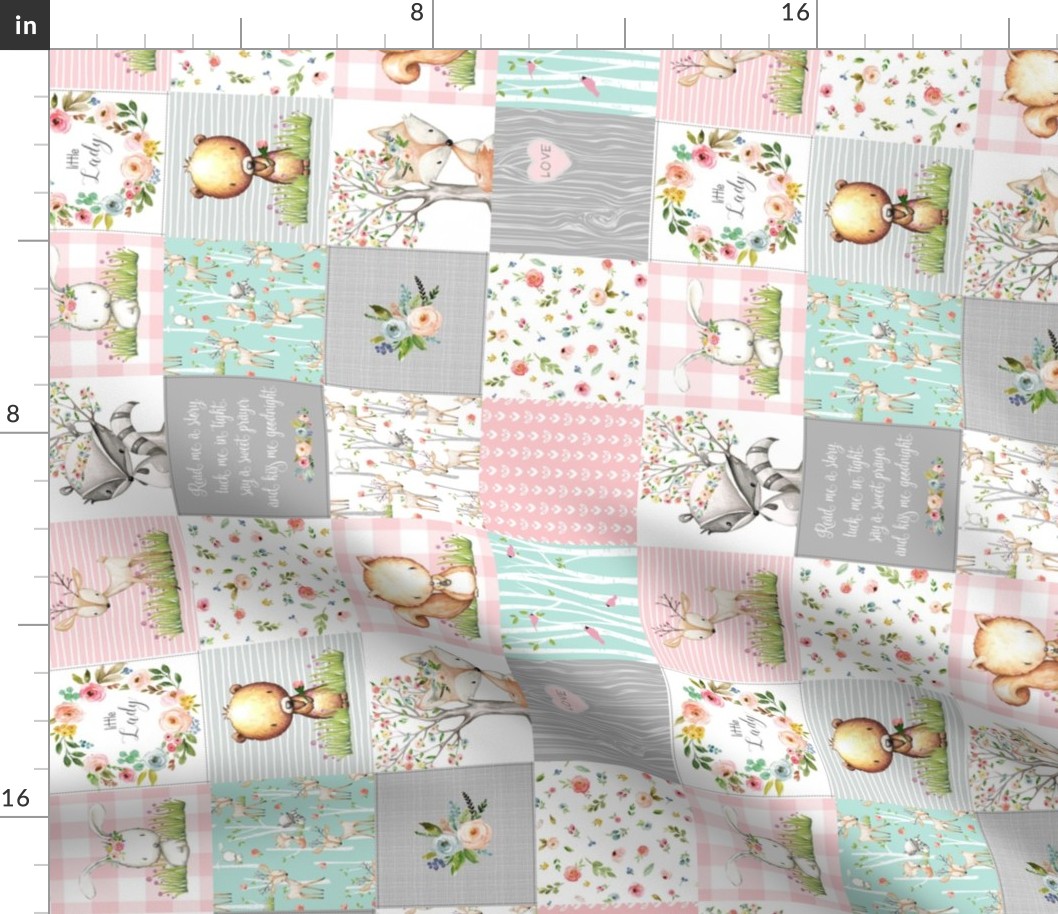 3" Woodland Animals Nursery Quilt - Baby Girl Blanket Bedding (pink mint) GL-PM9, rotated