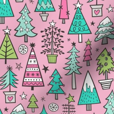 Christmas Trees Doodle Forest Woodland Mint Green on Pink