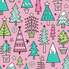 Christmas Trees Doodle Forest Woodland Mint Green on Pink