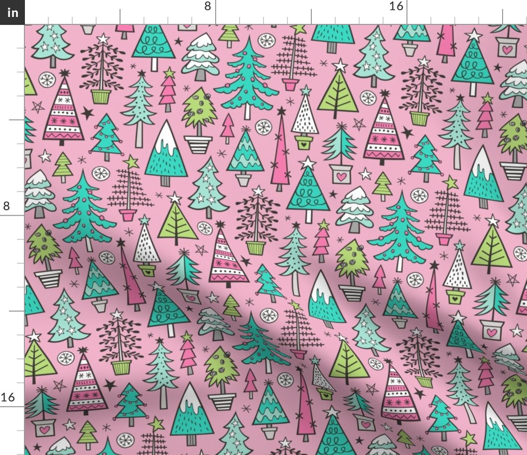 Christmas Trees Doodle Forest Woodland Mint Green on Pink