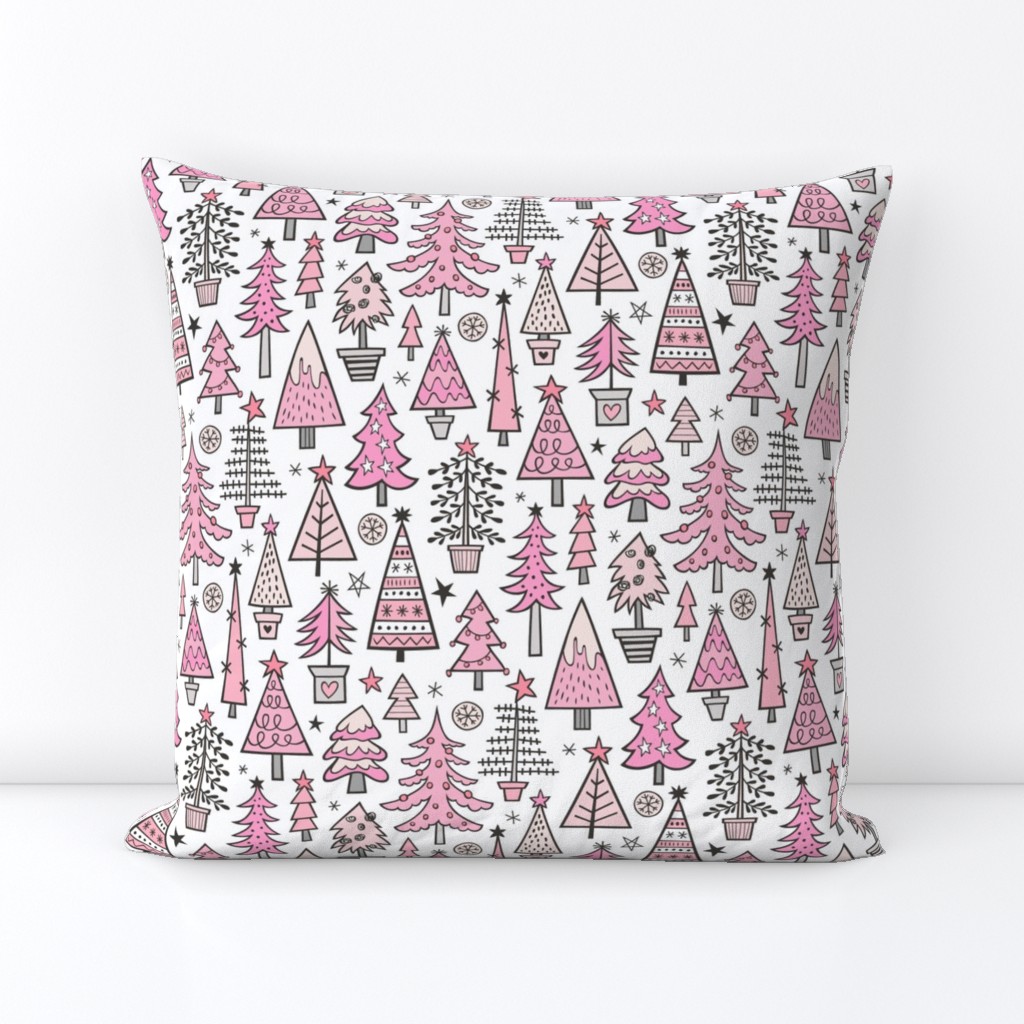 Christmas Trees Doodle Forest Woodland Pink on White