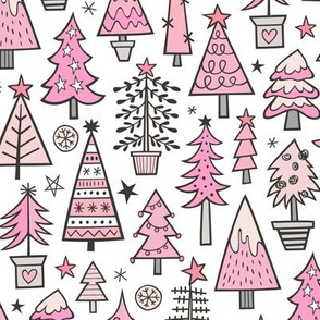 Christmas Trees Doodle Forest Woodland Pink on White