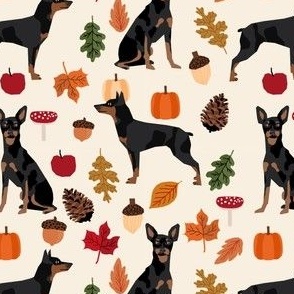 min pin autumn fabric miniature pinscher dog autumn fall leaves design - cream