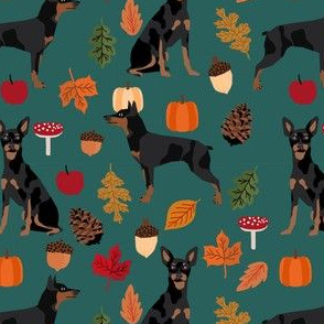 min pin autumn fabric miniature pinscher dog autumn fall leaves design - eden green