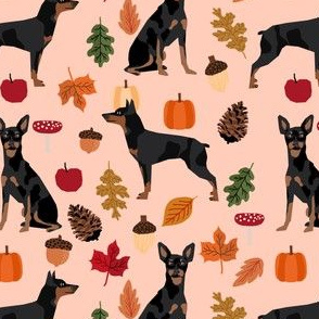 min pin autumn fabric miniature pinscher dog autumn fall leaves design - light peach