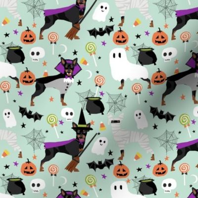 min pin halloween fabric miniature pinscher dog halloween design - light mint