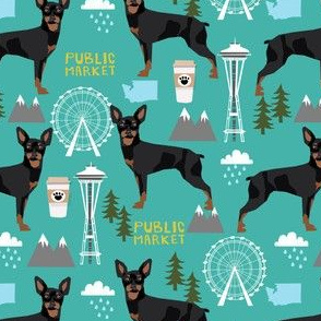 min pin seattle fabric miniature pinscher  design cute dog in the city fabric - turquoise
