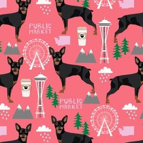 min pin seattle fabric miniature pinscher  design cute dog in the city fabric - pink