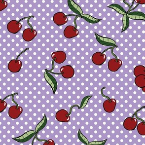 Vintage Style Cherries on Polka Dots with Purple Background