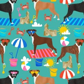 boxer beach fabric boxer dog sandcastles design - turquoise