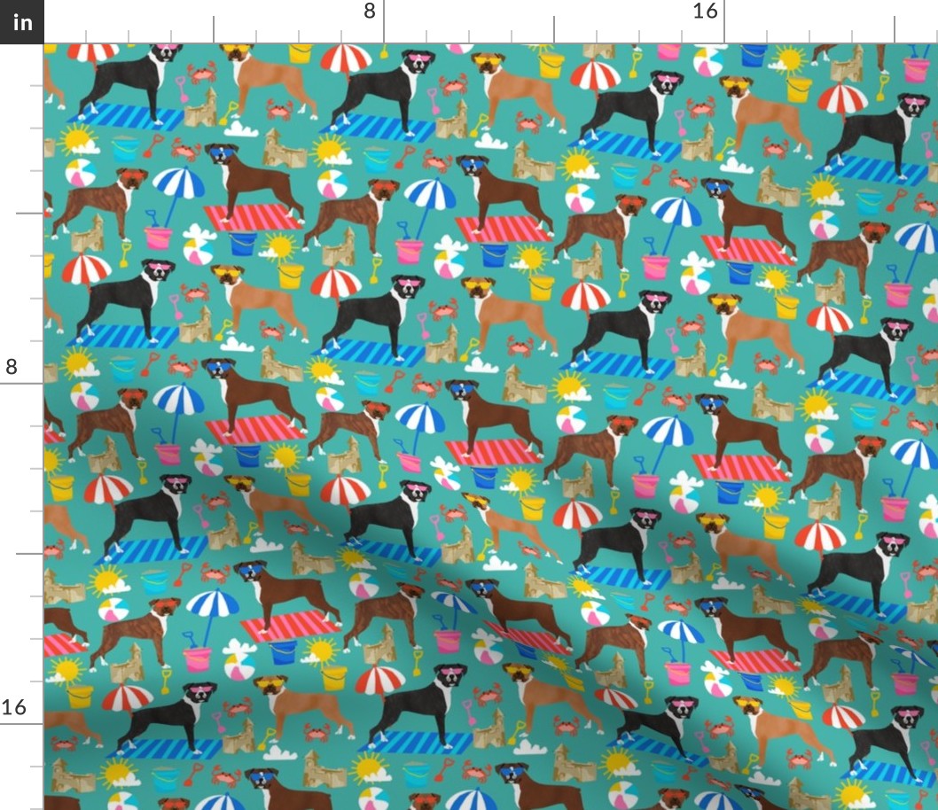 boxer beach fabric boxer dog sandcastles design - turquoise