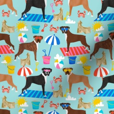 boxer beach fabric boxer dog sandcastles design - light blue