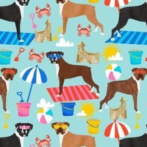 boxer beach fabric boxer dog sandcastles design - light blue