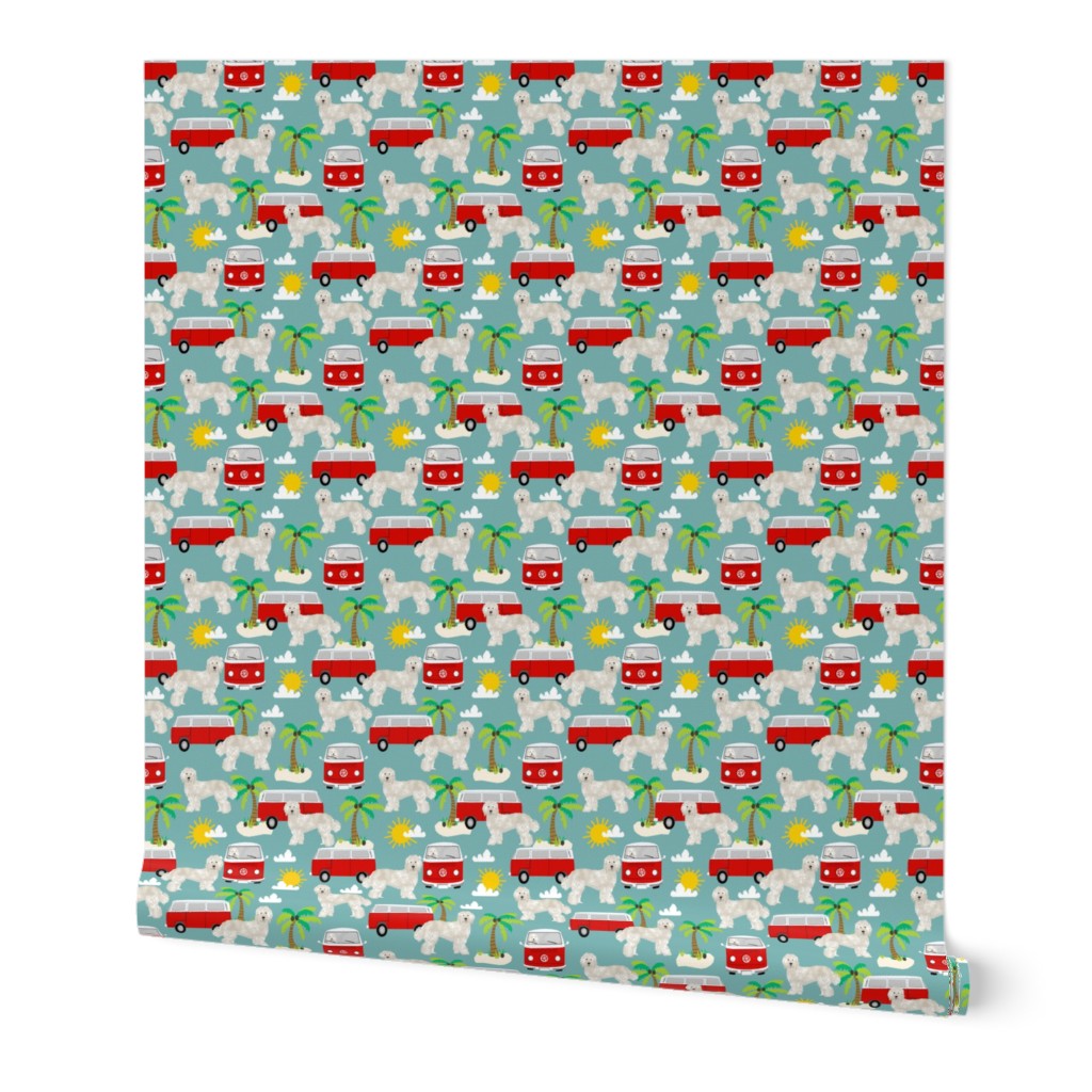 labradoodle fabric summer palm tree design - light blue