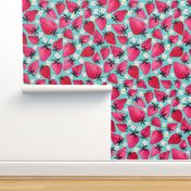 Strawberries and blossoms on Aqua background