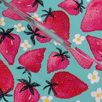Strawberries and blossoms on Aqua background