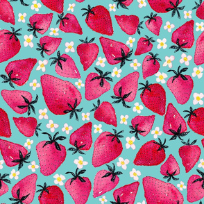 Strawberries and blossoms on Aqua background