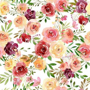 Watercolor burgundy pink yellow roses flowers on white background