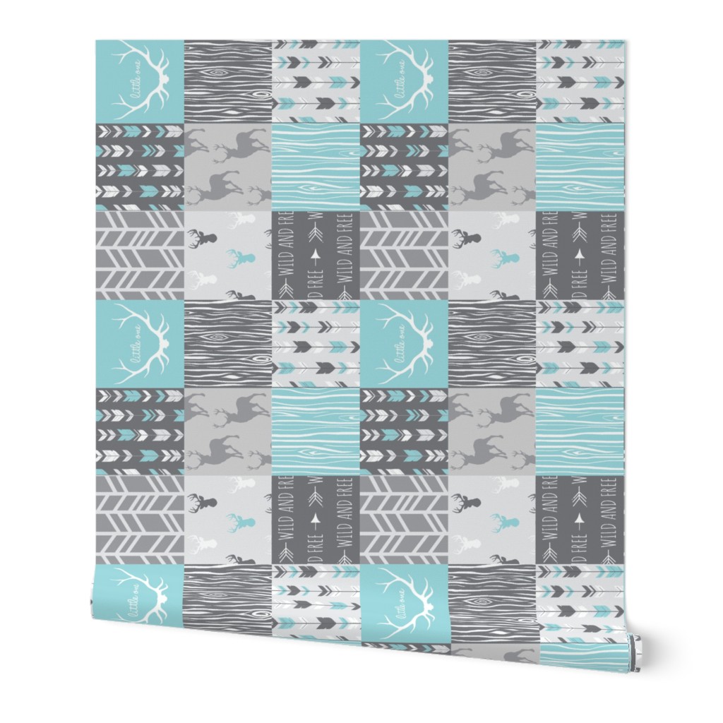 Patchwork Deer- Aqua and Grey - Rotated