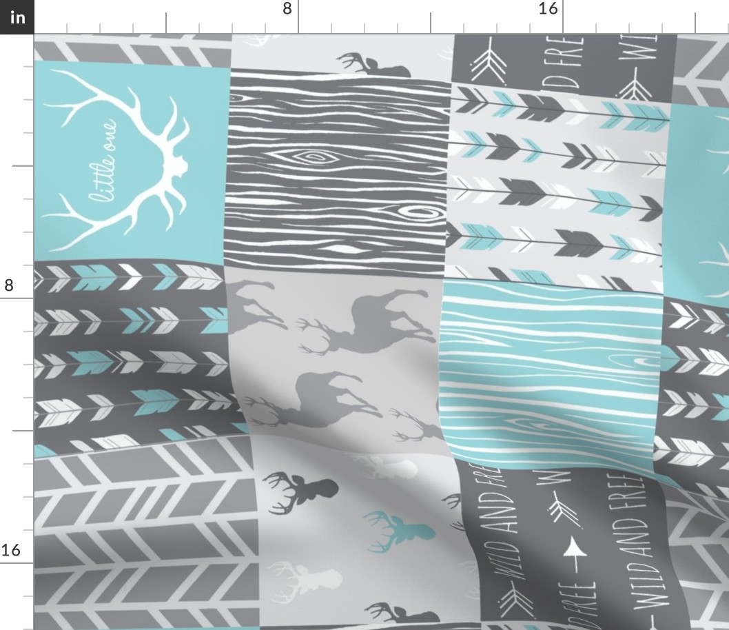 Patchwork Deer- Aqua and Grey - Rotated