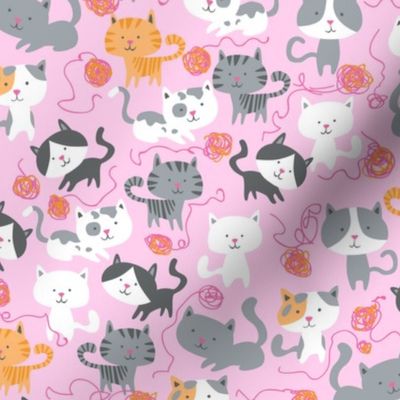 Kitties and Yarn Balls on pink