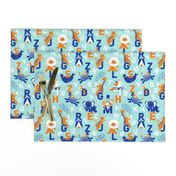 A B Circus Animals // powder blue background orange monkey lion giraffe jaguar white horse cobalt blue zebra seal elephant white alphabet letters