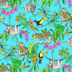 Rainforest Friends - watercolor animals on turquoise - small