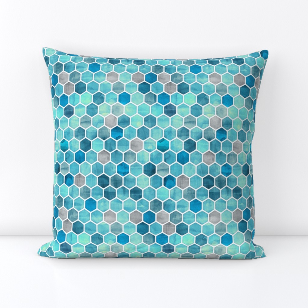 Teal Blue Ink - Watercolor Hexagon Pattern Small