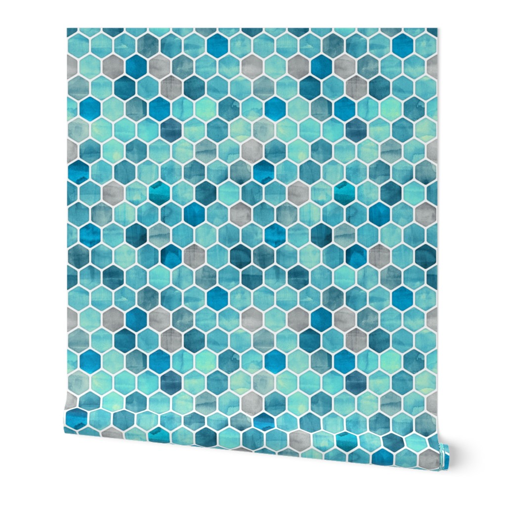 Teal Blue Ink - Watercolor Hexagon Pattern Small