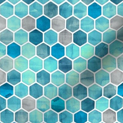 Teal Blue Ink - Watercolor Hexagon Pattern Small