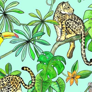 Rainforest Friends - watercolor animals on mint green - large