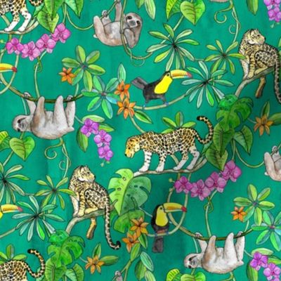 Rainforest Friends - watercolor animals on textured emerald green - small