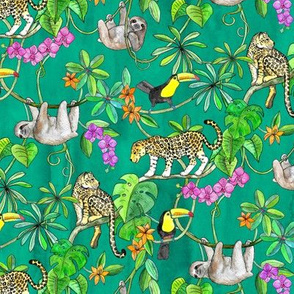 Rainforest Friends - watercolor animals on textured emerald green - small