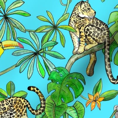 Rainforest Friends - watercolor animals on turquoise - large